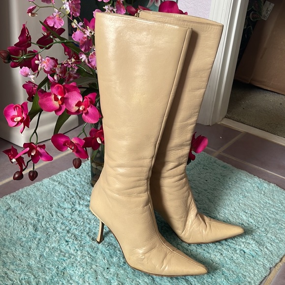 JIMMY CHOO HEELED BOOTS. Sz 37.5 (approx 7). Tan. Zip up back. See all photos! - Picture 1 of 16